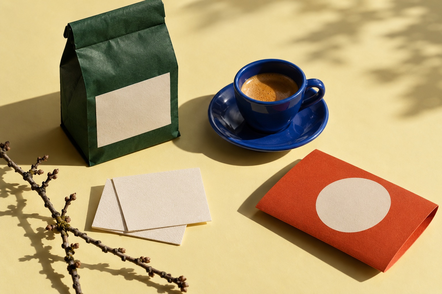 Forest-green coffee packaging and a blue ceramic cup arranged on a butter-yellow surface