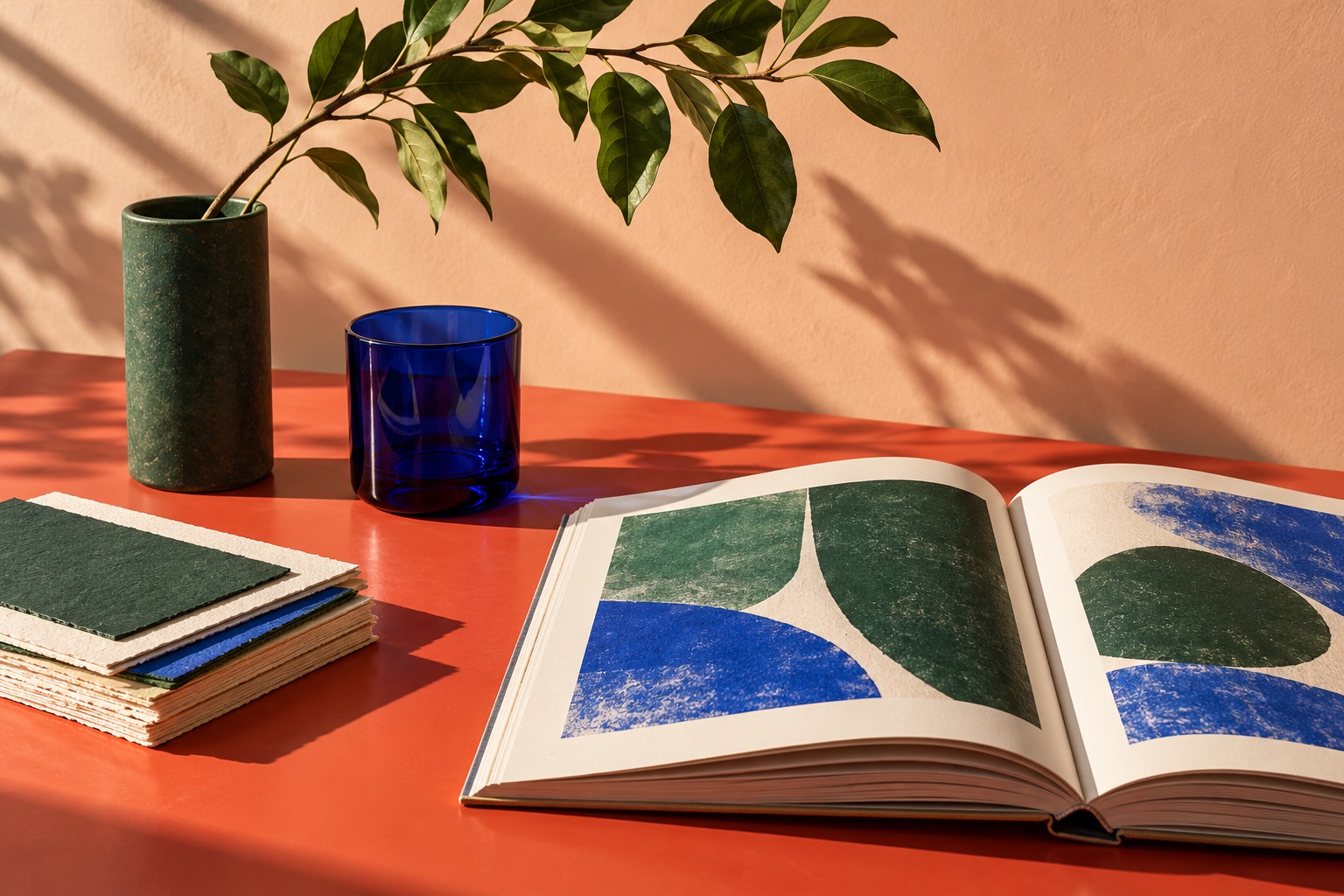 Art books, colour swatches and a green vase on a sunlit coral studio desk